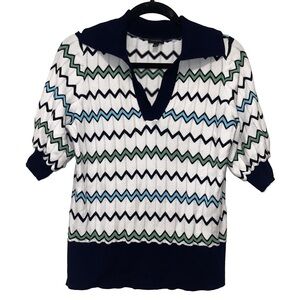 Talbots Johnny Collar Pullover Sweater Shirt Navy Blue White Zig Zag Size S